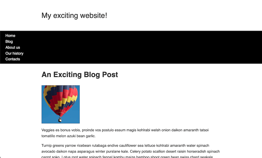 Startpunkt der Layout-Aufgabe. Die Elemente sind nicht ordentlich ausgelegt. Es gibt einen Website-Titel über einer schwarzen Navigationsleiste mit 5 linksbündigen Links, gefolgt vom Blogeintragstitel und dem Inhalt des Beitrags. Zwischen dem Blogtitel und dem Bloginhalt gibt es ein Foto, das links bündig steht.