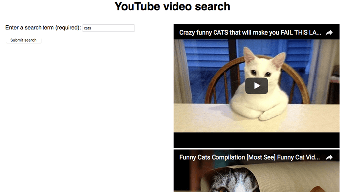 関連する 2 つの API を使用した Youtube 動画検索のサンプルのスクリーンショット。画像の横に並んでいるのは、 YouTube Data API を使用した検索クエリーのサンプルです。画像の横に並んでいるのは、 YouTube Iframe Player API を使用して検索した結果を表示しています。