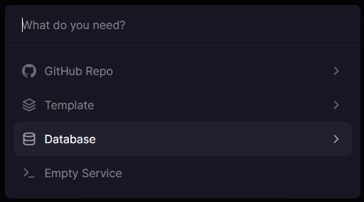 Railway popup showing options for a new service, such as database, GitHub repo, empty service, etc.