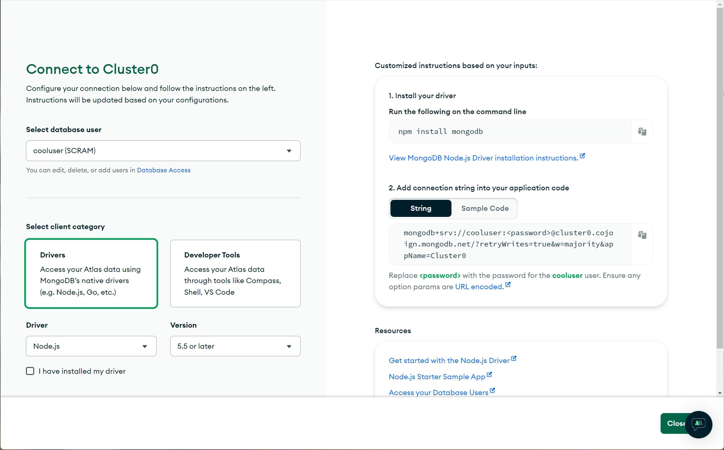 Die Short-SRV-Verbindung beim Einrichten einer Verbindung in MongoDB Atlas auswählen.