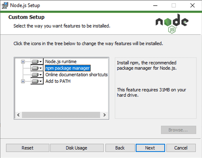 Windows 上的 Node.js 安装器,显示了包含 npm 的选项