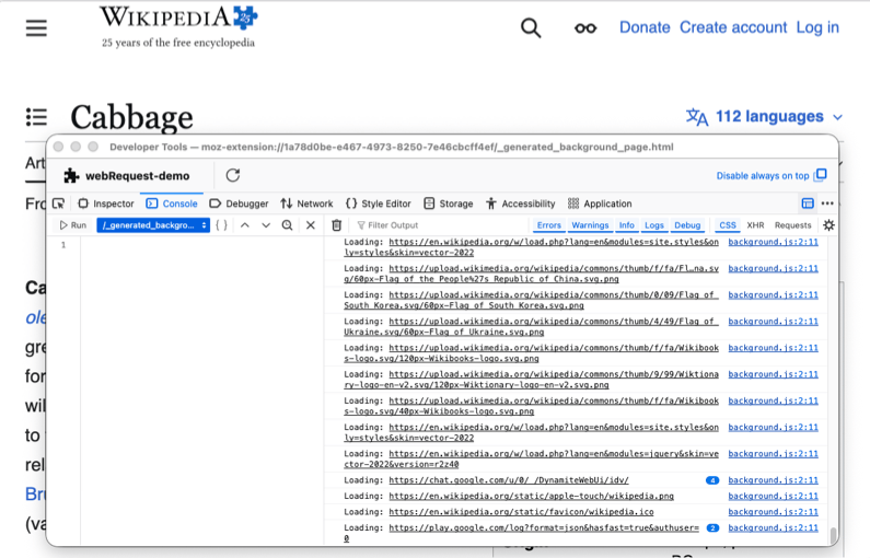 The Developer Tools console showing logged call URLs.