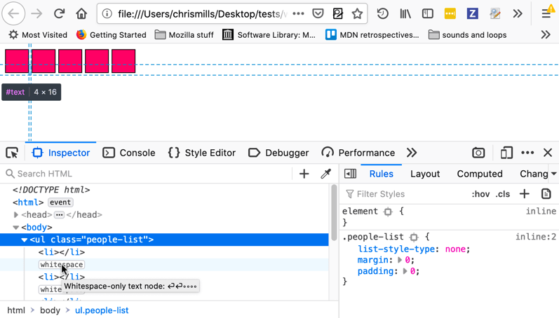 Beispiel für das Anzeigen von Leerzeichen zwischen Blöcken im HTML-Inspektor der Firefox DevTools