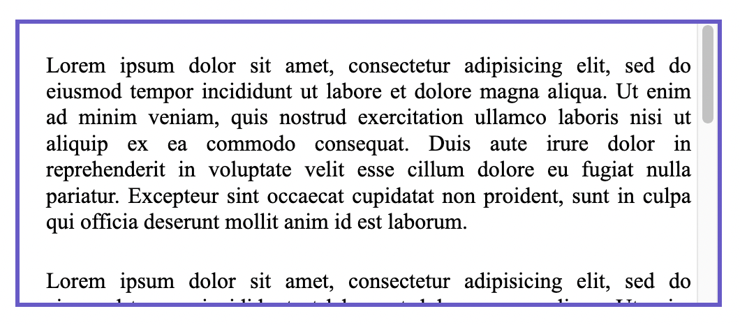 Ein enthaltendes div-Element mit einem Absatz von Text darin, einem Raum rechts, wo die Scrollleiste ist, und einem entsprechenden leeren Raum links