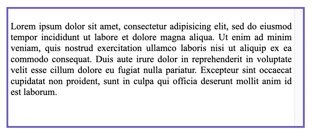 Ein enthaltendes div-Element mit einem Absatz von Text darin und einem Raum rechts, wo die Scrollleiste ist